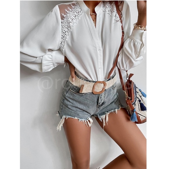 Lace Mesh Embroidery Detail White Button Up Shirt Blouse Long Bishop Sleeve - Picture 3 of 9
